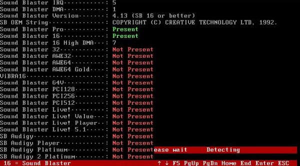 AIDA system information tool on FreeDOS: Sound card information