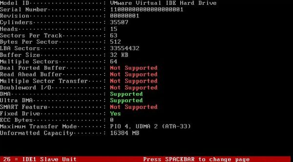 AIDA system information tool on FreeDOS: Detailed harddisk information