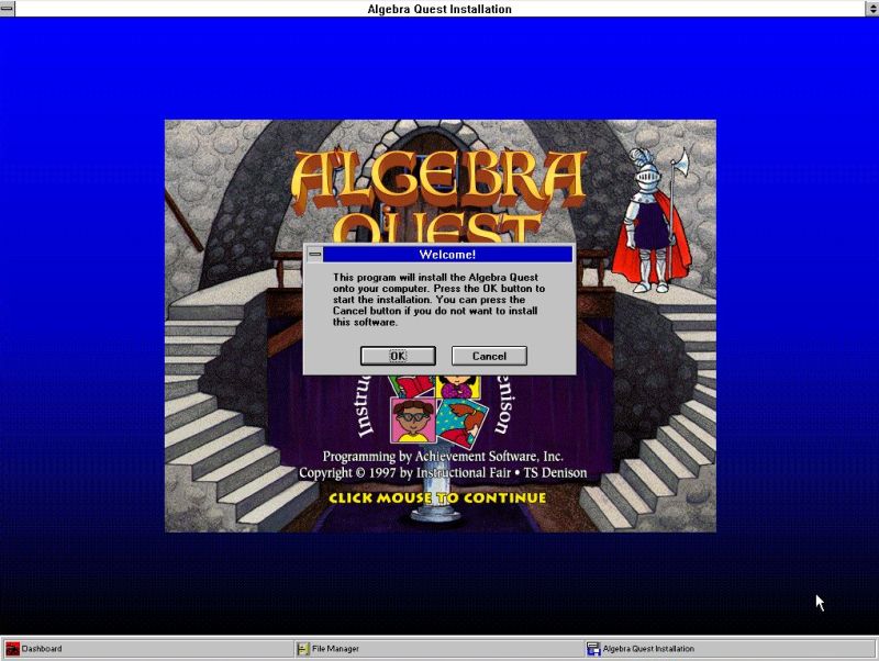 Algebra Quest on Windows 3.11: Installation - Welcome window