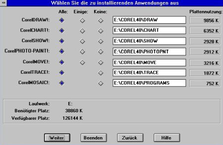 CorelDRAW! 4.0 on Windows 3.1: Installation - Applications selection