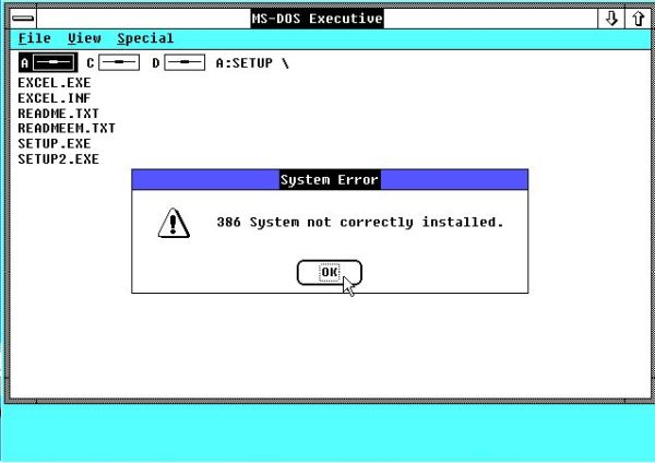 Microsoft Excel on Windows 2.x: Failure of the setup program due to missing 386er support
