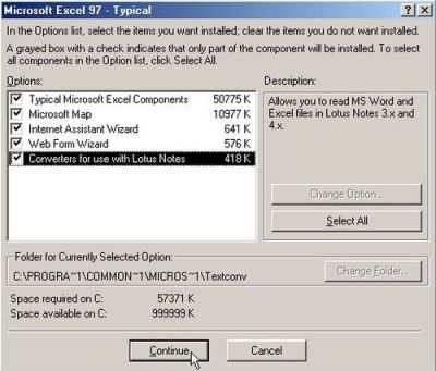 Microsoft Excel on Windows Me: Installation of Excel 97 SR-1 - Components selection