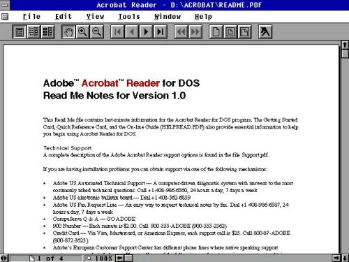 Acrobat Reader 1.0 for DOS running on a Windows 3.0 virtual machine (actually running on MS-DOS 6.22)