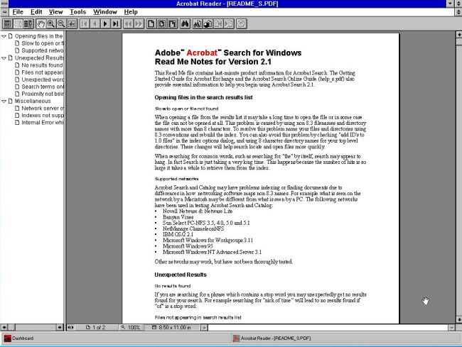 Acrobat Reader 2.1 running on a Windows 3.1 virtual machine