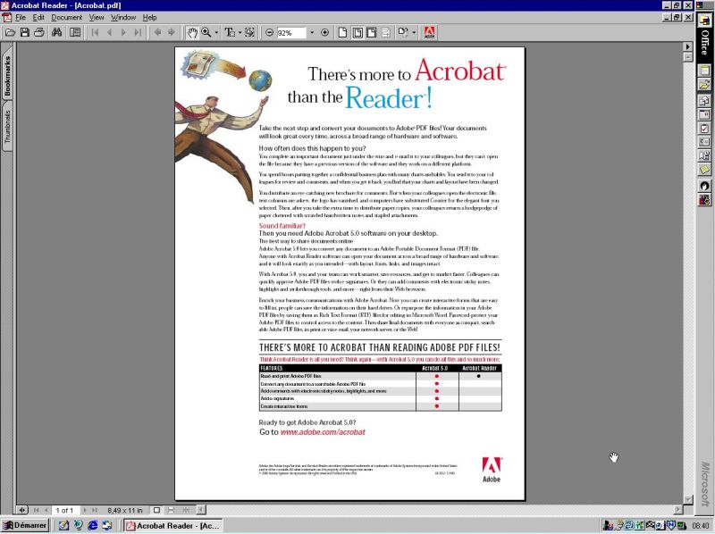 Acrobat Reader 5.0.5 running on a Windows 95C virtual machine