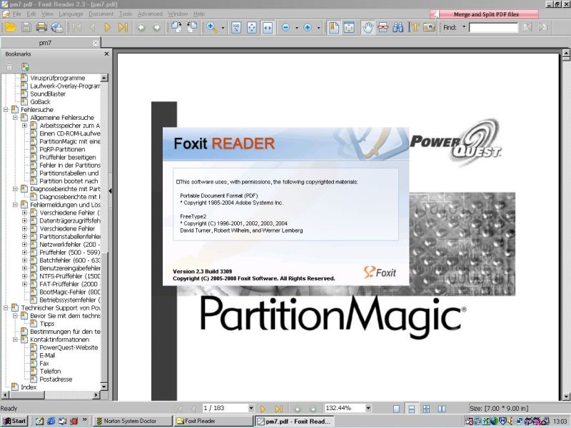 Foxit Reader 2.3 running on a Windows 98SE virtual machine