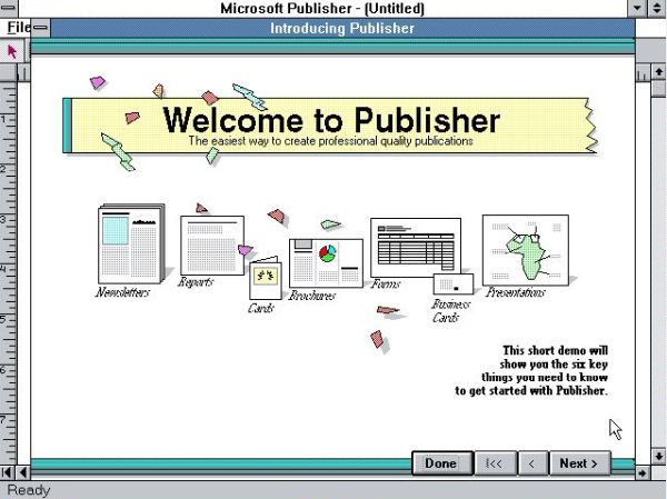 Microsoft Publisher 1.0a on Windows 3.0 Multimedia Edition: Welcome screen