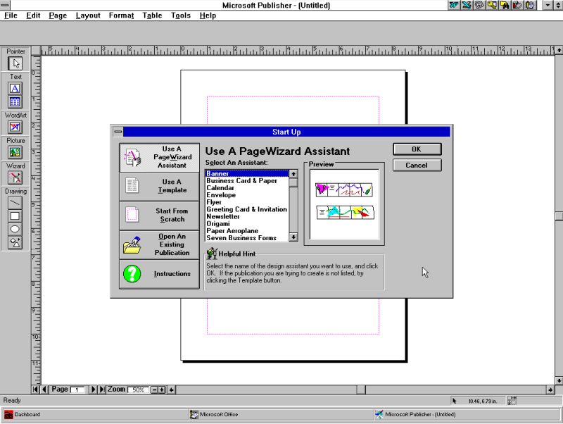 Microsoft Publisher 2.0a on Windows 3.11: Selection of a page wizard assistant