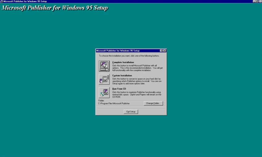 Microsoft Publisher on Windows NT4: Setup of Publisher 95 - Choosing to do a complete installation