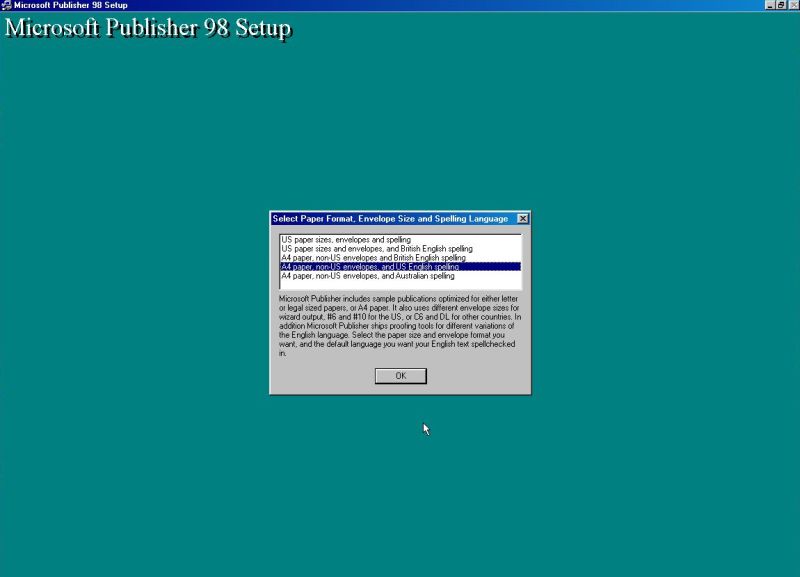 Microsoft Publisher on Windows 98: Setup of Publisher 98 - Choosing paper and envelope format, and spellchecker