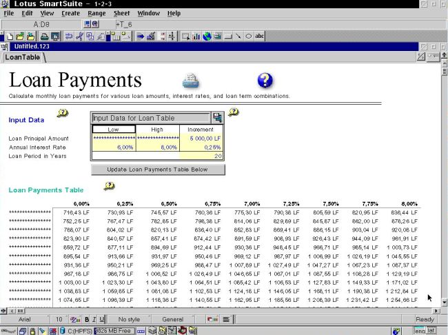 Lotus SmartSuite For OS2 Warp 4 - 1-2-3: Loan payment document included with the application