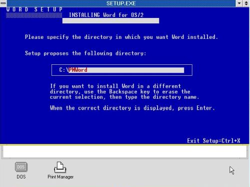 Microsoft Word on OS/2 1.3 - Choosing the installation directory