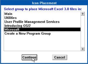 Microsoft Excel on OS/2 1.3 - Installation - Choosing the Program Group