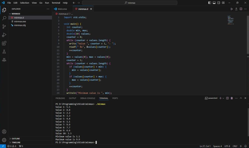 D on Windows 10 - VSCode: Running a simple program in the VSCode terminal