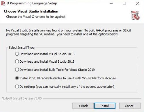 Installing D on Windows 10 - Choosing to install the VC2010 redistributables