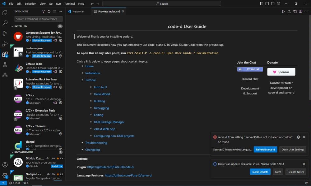D on Windows 10 - VSCode: Install serve-d (from the Internet)
