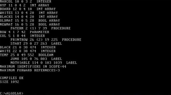 ALGOL 60 on MS-DOS: Detailed compiler output (successful compilation)