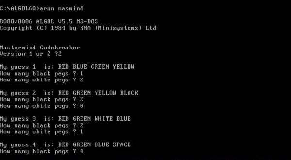 ALGOL 60 on MS-DOS: Running an ALGOL 60 Mastermind game program