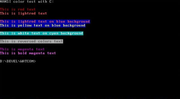 ANSI escape sequences on FreeDOS: Watcom C colored output (with NANSI.SYS)