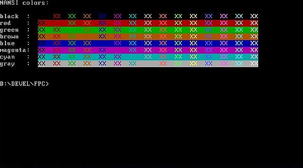 ANSI escape sequences on FreeDOS: Free Pascal ANSI color table