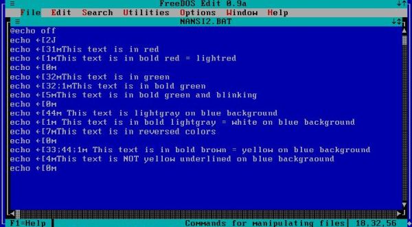 ANSI escape sequences on FreeDOS: Batch file including ANSI escape sequences created with the default FreeDOS editor