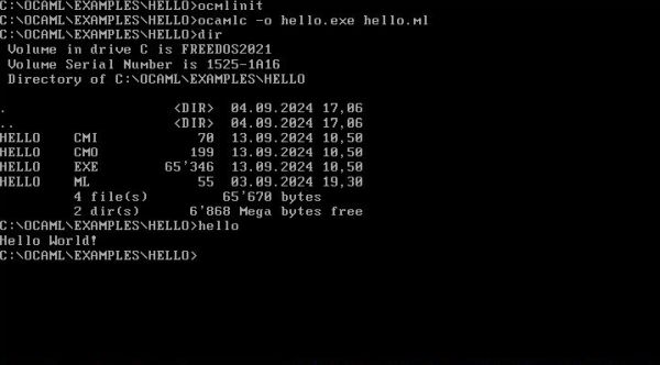 OCaml on Free-DOS - ocamlc.exe: Compiling and running a simple 'Hello World' program