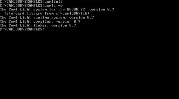 Caml Light on Free-DOS: Display of the runtime, compiler and linker version