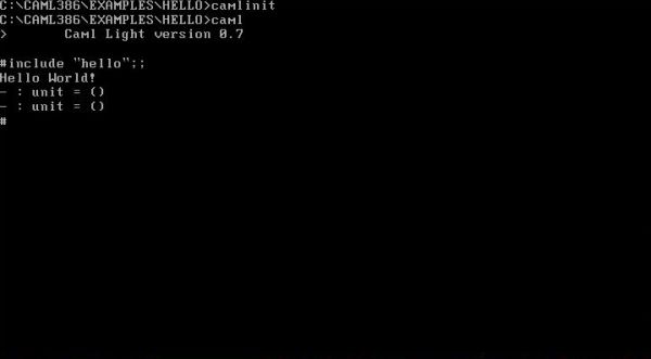 Caml Light on Free-DOS: caml.exe - 'Hello World' run from an ML source file