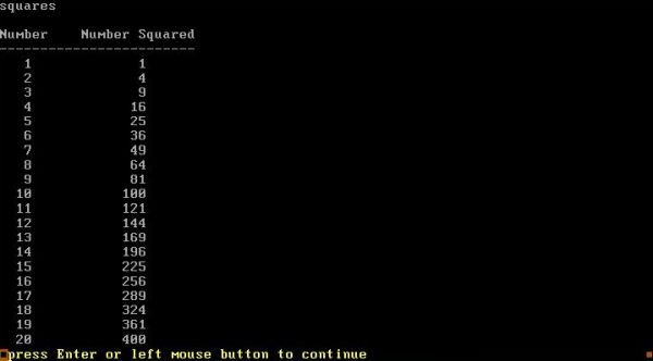 Modula-2 on FreeDOS: Execution of a simple 'Calculate the squares' program