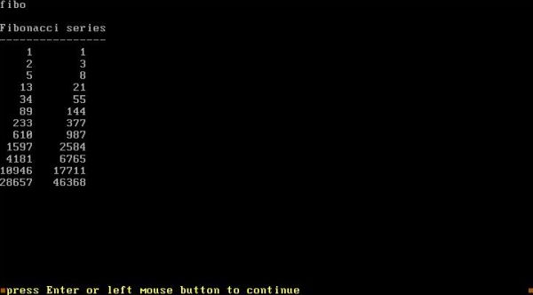 Modula-2 on FreeDOS: Execution of a simple 'Fibonacci series' program