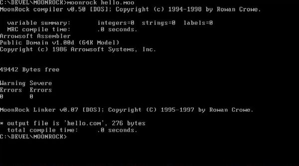 MoonRock on Free-DOS: Building the included sample hello.moo