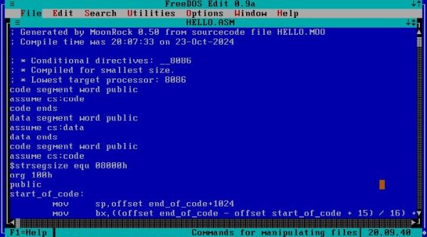 MoonRock on Free-DOS: Assembly created when building a MoonRock source file (opened in FreeDOS editor)