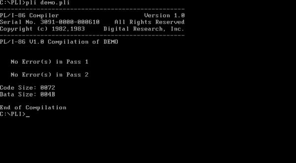 PL/I on FreeDOS: Compiling the sample program DEMO.PLI