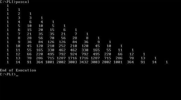 PL/I on FreeDOS: Pascal's triangle in PL/1 (program execution)