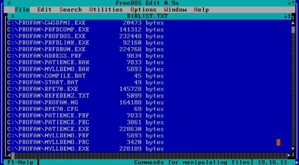 Profan 7 on FreeDOS: Directory listing produces by a simple Profan program