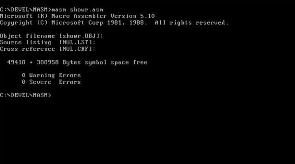 XPL0 on MS-DOS 6.22: Testing MASM - Successful assembly of the demo program SHOWR.ASM