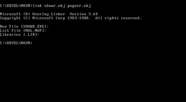 XPL0 on MS-DOS 6.22: Testing MASM - Successful linkage of the demo program SHOWR