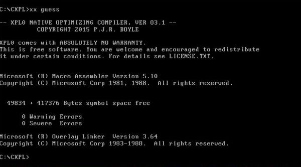XPL0 on MS-DOS 6.22: Building GUESS.XPL using the optimizing compiler XPLX