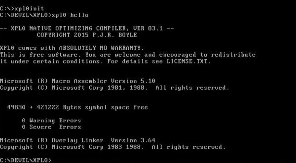 XPL0 on MS-DOS 6.22: Building a simple 'Hello World' program using custom batch files