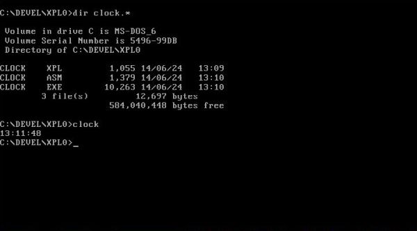 XPL0 on MS-DOS 6.22: Running the sample program CLOCK (from the xpl0.org website)