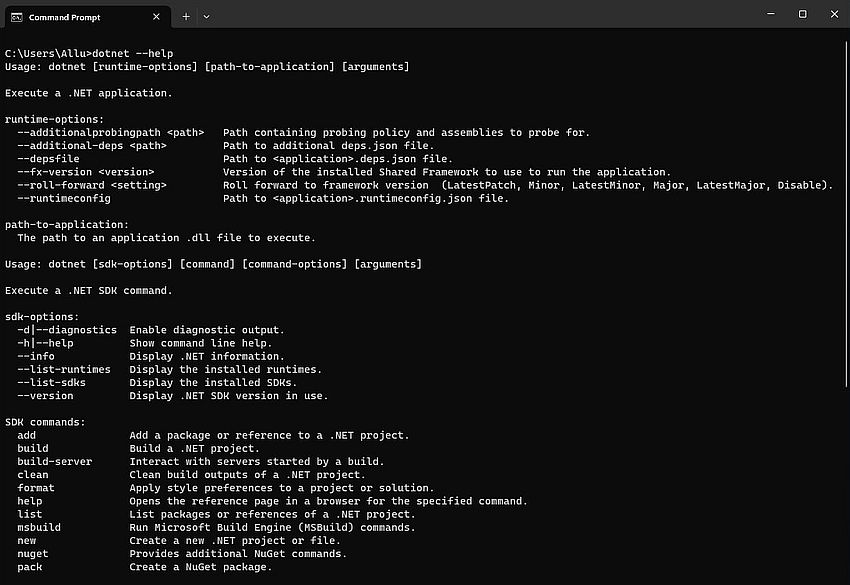 .NET development on Windows 11: .NET SDK CLI - Help screen