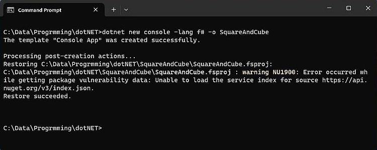 .NET development on Windows 11: .NET SDK CLI - Warning NU1900 when creating a F# Console project