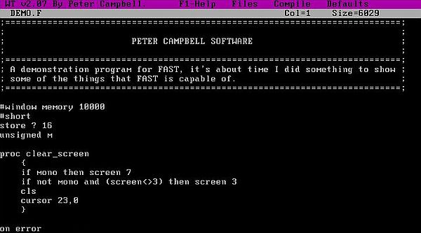 FAST 2.67 on Free-DOS: FAST source file opened in the installation files included text editor WT