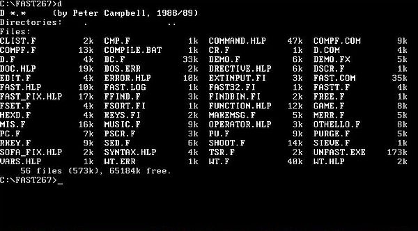 FAST 2.67 on Free-DOS: Included program sample - Directory lister