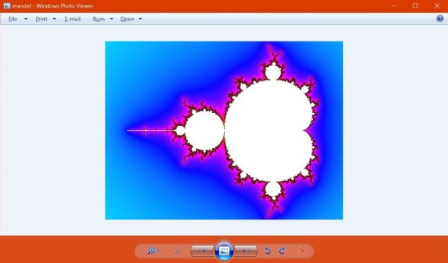 FreeBASIC on Windows 10: Bitmap file created by the FBMath program mandel.bas opened in Windows Photo Viewer