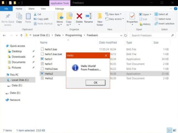 FreeBASIC on Windows 10: Execution of a simple 'Hello World' GUI (WinAPI) application