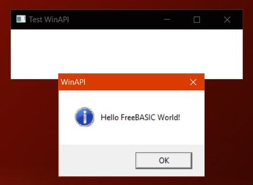 FreeBASIC on Windows 10: Simple GUI application to test FreeBASIC access to the Windows API