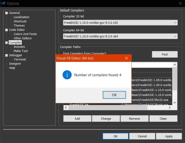 FreeBASIC on Windows 10: VisualFBEditor - Compiler configuration [1]