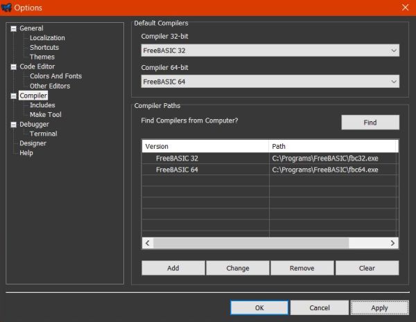 FreeBASIC on Windows 10: VisualFBEditor - Compiler configuration [2]