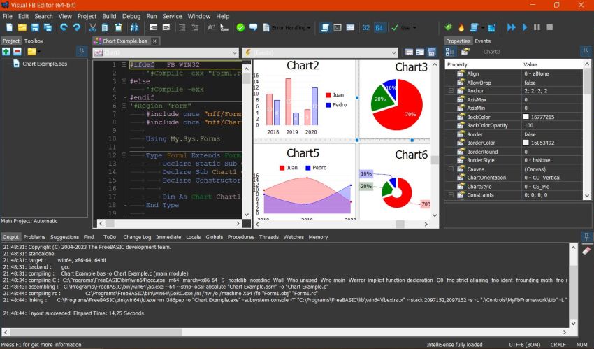 FreeBASIC on Windows 10: VisualFBEditor - Successful build of the included sample 'Chart Example.bas'